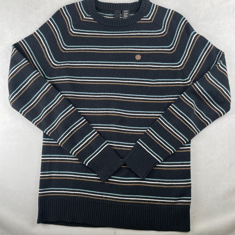 Element Sweater Mens M Black Tan Blue Striped Crewneck Pullover Wool Blend Y2K‎